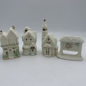 Vtg Carlton Cards Village Houses Figure Holiday Decor Church Cottagecore Cream